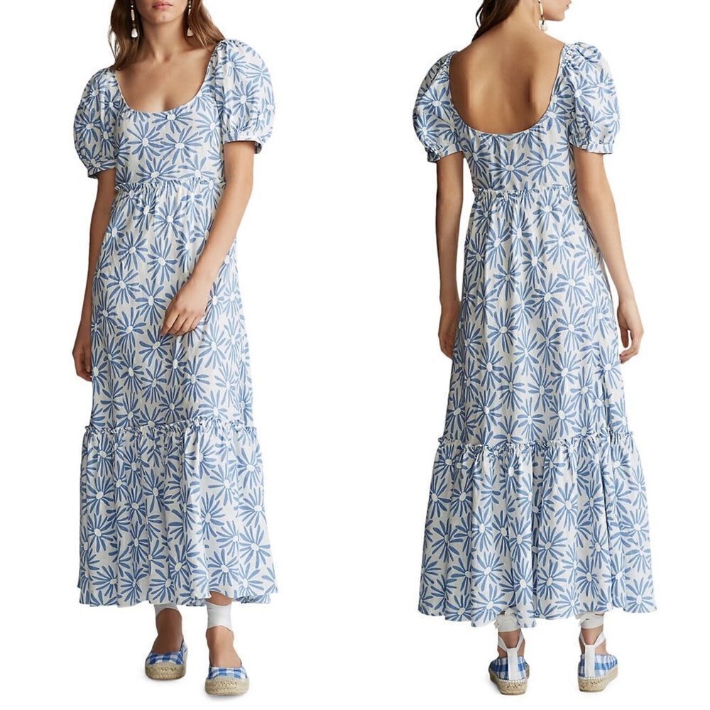 Polo Ralph Lauren Kai Floral Linen Midi Dress In Blue